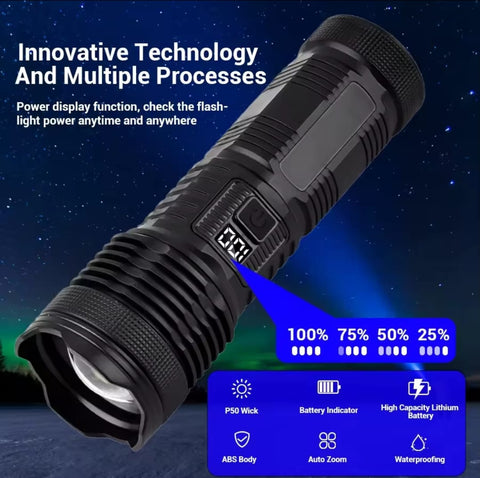 Most Powerful P50 FlashLight Flash light 5 Modes Usb Zoom Led Torch Built-in 18650 Battery Camping, Fishing